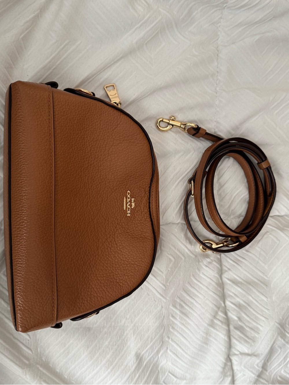 Coach Pebbled Leather Crossbody in Cognac Brown with Gold Hardware
